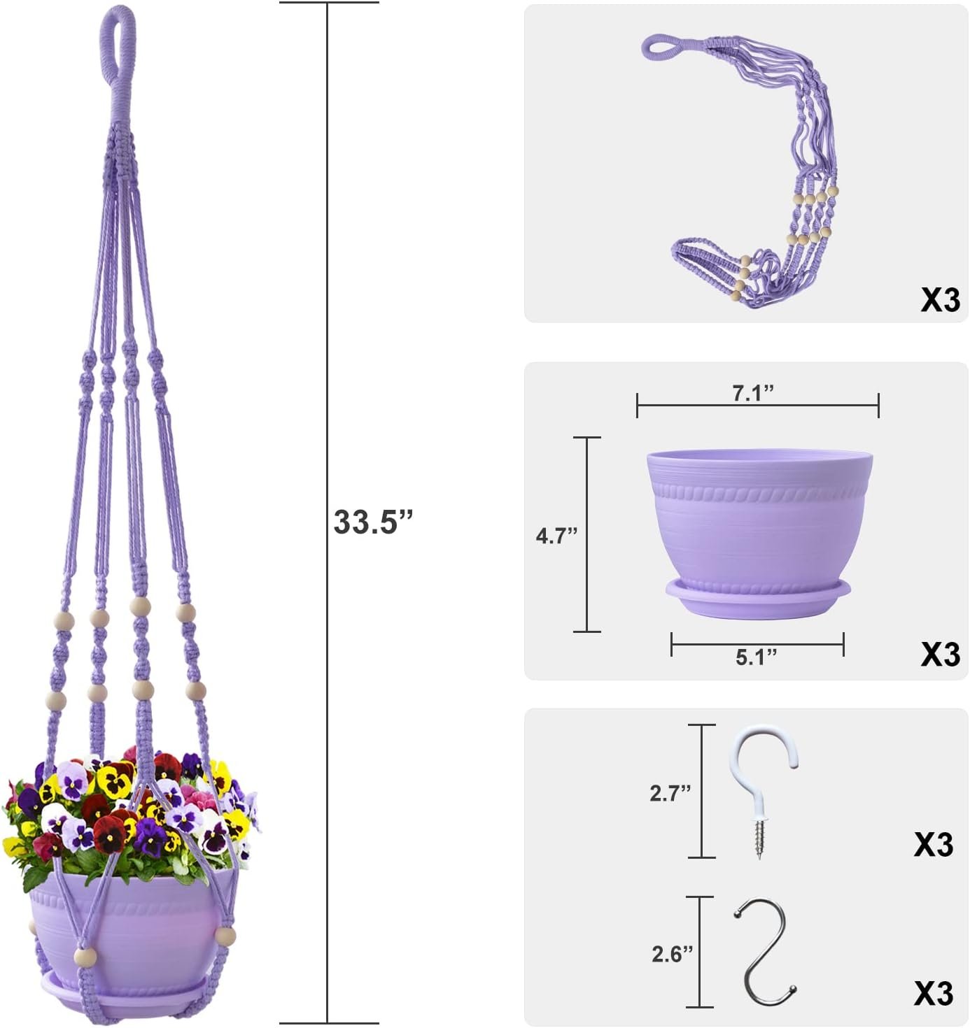 Macrame Plant Hanger with Pot, 3 Set Hanging Planters for Indoor Plants, Handmade Cotton Rope Boho Home Decor, Idea Gift for Anyone, Includes Plant Holders, Pots, Plates and Hooks (Purple) Image 2
