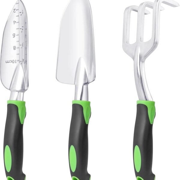 Garden Tools Set, 3 Pack Heavy Duty Gardening Tools Set Include Garden Shovel, Transplant Trowel and Hand Rake with Ergonomic Non Slip Handle, Aluminum Alloy Lawn and Garden Hand Tools for Planting