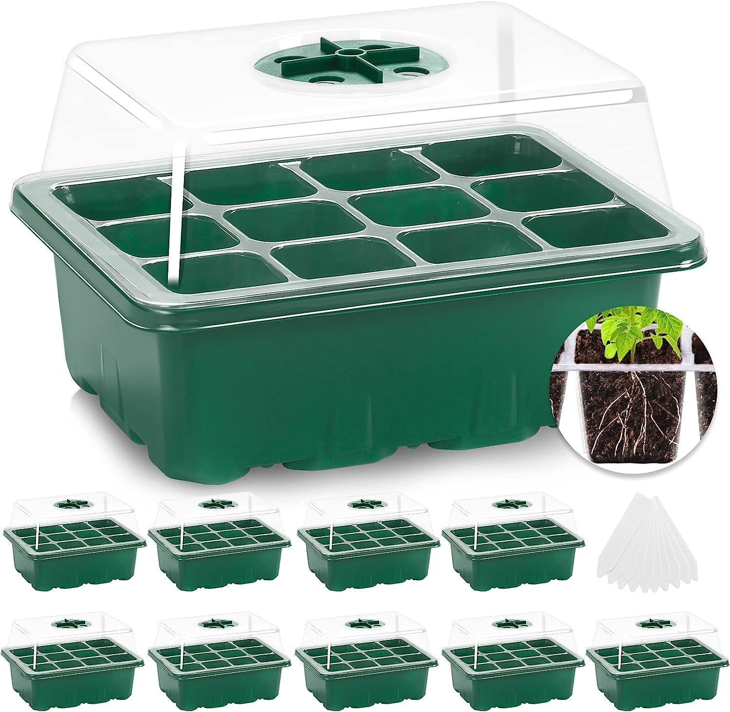 10 Pack Seed Starter Tray, 120Cell Stater Kit with Humidity Dome Green