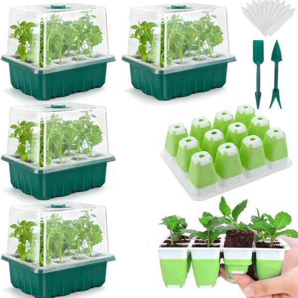 Seed Starter Tray, 48 Cells Indoor Seed Starter Kit, Flexible Silicone Designed Seedling Starter Trays, Germination Tray with Humidity Dome & Lids(4in Height), Reusable & Dishwasher Safe, BPA FREE