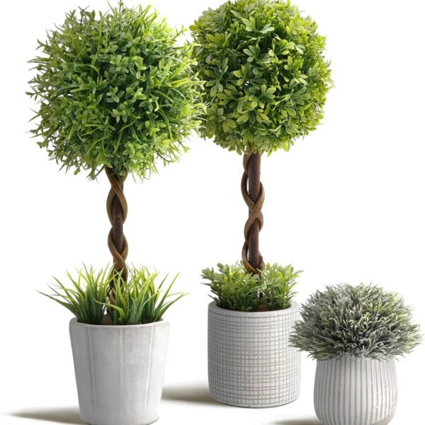 3 Pack Small Fake Plants 14 57 Inch, Small Artificial Boxwood Topiary Potted in Cement Planter, Artificial Plants Indoor/Outdoor for Home Bathroom Bedroom Kitchen Office Room Decor