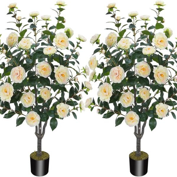 3 6FT Artificial Camellia Fake Tree, Artificial Plants & Flowers with 32 Yellow Pink Flowers for Door Front Decoration Porch Patio Living Room Office Indoor Outdoor Decor (2PCS Contains Dried Moss)