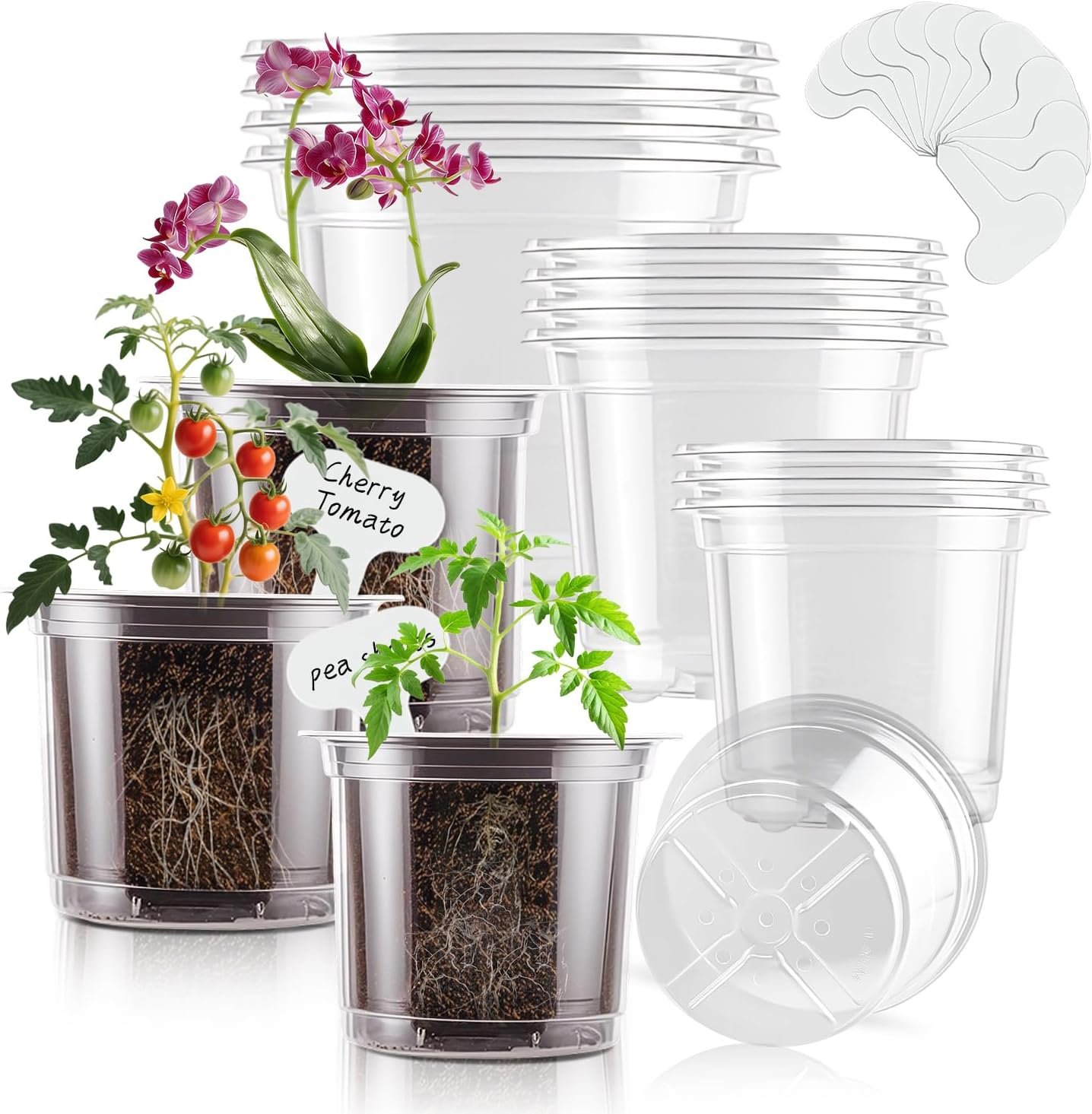 Clear Nursery Pots 5/4/3 5 Inch Plastic Seed Starter Plant Flower Pot with Drainage Holes for Transplanting Succulents Cuttings Seedlings 15 Labels (12Pcs)