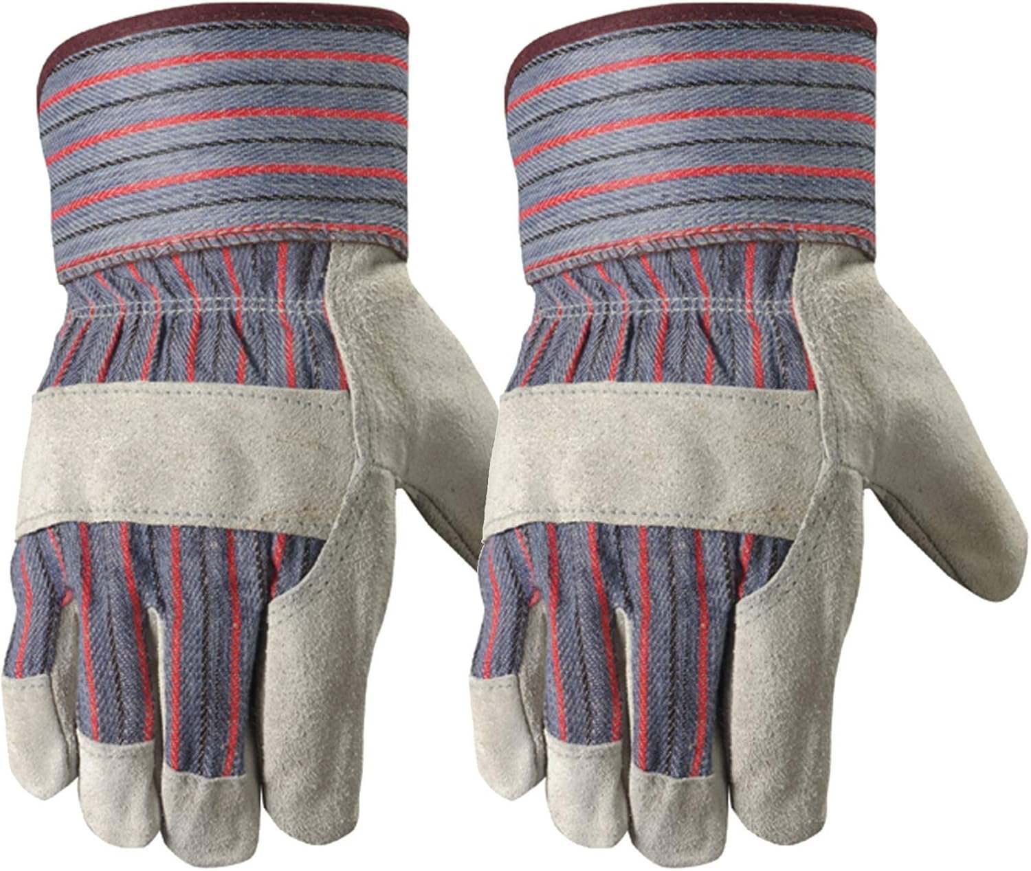2 Pair Pack Men's Leather Work Gloves with Heavy Duty Reinforced Palms, Large, Grey