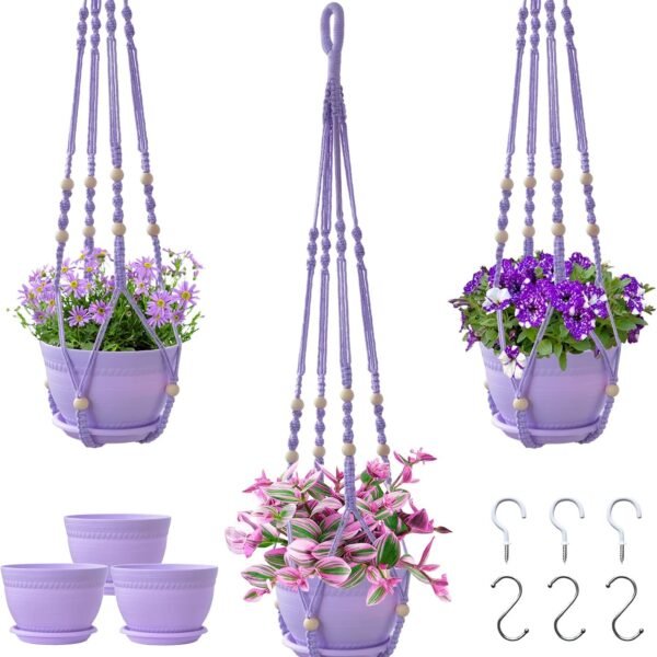 Macrame Plant Hanger with Pot, 3 Set Hanging Planters for Indoor Plants, Handmade Cotton Rope Boho Home Decor, Idea Gift for Anyone, Includes Plant Holders, Pots, Plates and Hooks (Purple)