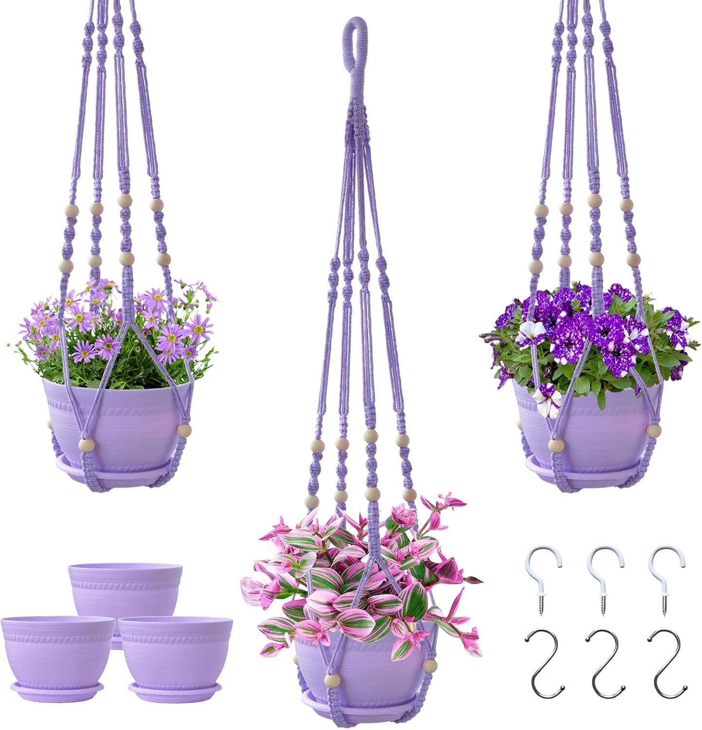 Macrame Plant Hanger with Pot, 3 Set Hanging Planters for Indoor Plants, Handmade Cotton Rope Boho Home Decor, Idea Gift for Anyone, Includes Plant Holders, Pots, Plates and Hooks (Purple)