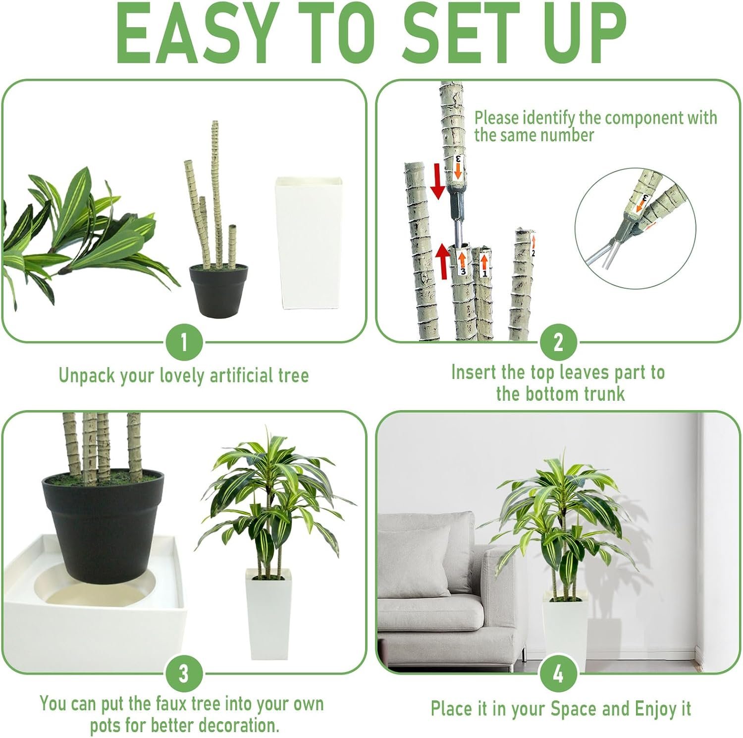 Dracaena Artificial Plant 4ft Faux Tree with Planter White, UV Resistant Tropical Faux Dracaena Tree Indoor for Home Decor, Bedroom, Living Room, Porch, Patio, Outdoor Housewarming Gift Image 2