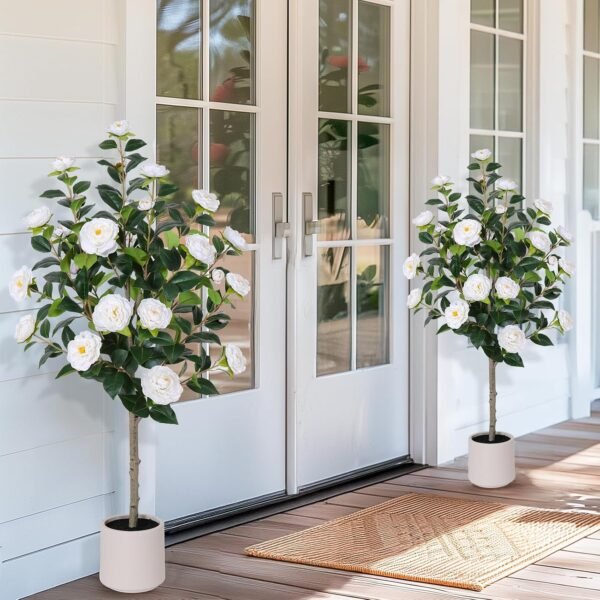 47 inch Artificial Camellia Tree with White Flower Pots 2 Pack White Fake Tree,4 Ft Faux Plants Indoor wich Blooming,Artificial Plants for Indoor & Outdoor Home Front Door Decor