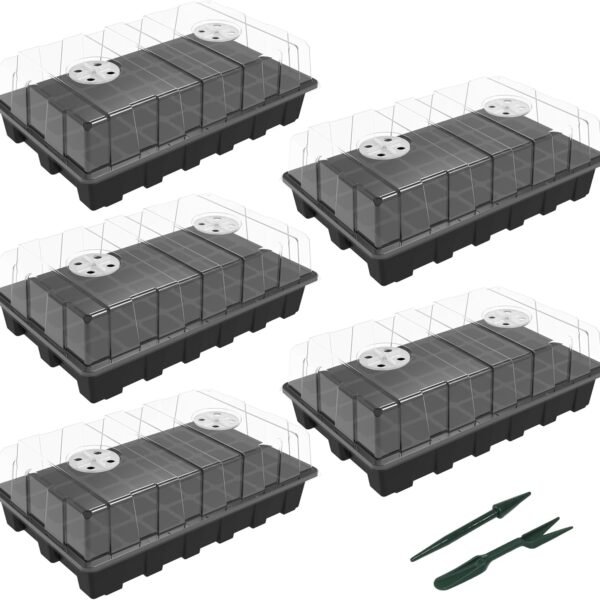 5 Set Seed Starter Tray Kits, Durable Plant Germination Trays with Humidity Vented Domes and Bases, Ideal for Seed Starting, Indoor Gardening, and Greenhouse (Total 200 Cells)