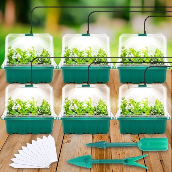 Seed Starter Tray with Light, 6PCS Seed Starter Kit with Grow Light, Seedling Starter Trays with Humidity Domes, Covers Height 3 9", Indoor Gardening Plant Germination Trays (12 Cells per Tray)