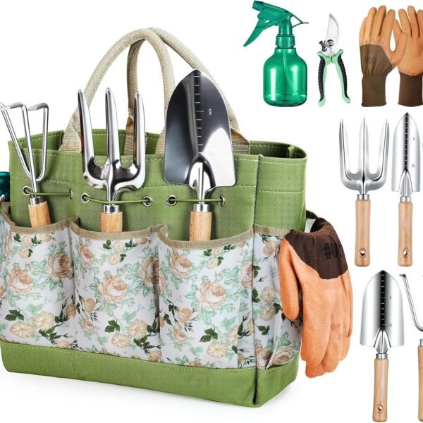 Gardening Tools 9 Piece Heavy Duty Garden Hand Tools with Fashion and Durable Garden Tools Organizer Handbag, Rust Proof Garden Tool Set, Ideal Gardening Gifts for Women