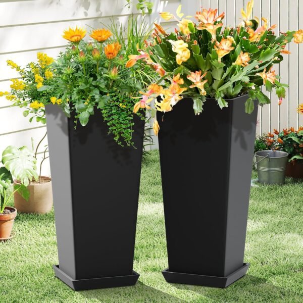 Set of 2 Tall Planters for Outdoor Plants, 24 Inch Large Tapered Pots with Drainage Trays, Weather Resistant Plastic Plant Containers for Patio, Porch, Garden, Front Door Decor,Black