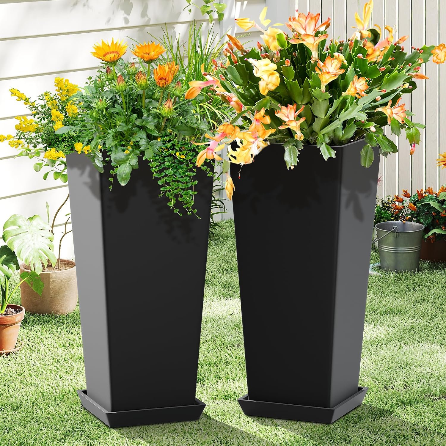 Set of 2 Tall Planters for Outdoor Plants, 24 Inch Large Tapered Pots with Drainage Trays, Weather Resistant Plastic Plant Containers for Patio, Porch, Garden, Front Door Decor,Black